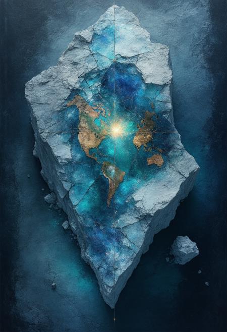 Imagine a colossal, floating iceberg shaped like a giant, ancient map, fractured into stained-glass segments. The map depicts a lost continent, also fragmented and visible within the icebergâs structure. This scene unfolds within a perpetual twilight of a distant, tidally locked planet orbiting a red dwarf star. The star's weak, crimson light casts long, dramatic shadows across the icebergâs surface and illuminates the fragmented map within. The color palette focuses on deep crimson, icy blues, and stark whites, with subtle hints of gold revealing details of the lost civilization. Blend photorealistic textures â the crystalline iceberg, the aged parchment of the map, the subtle atmospheric distortions â with the geometric forms of Cubism. The overall composition should evoke a sense of mystery, a captivating blend of exploration, loss, and an alien beauty, deeply immersed in a striking interplay of light and shadow.