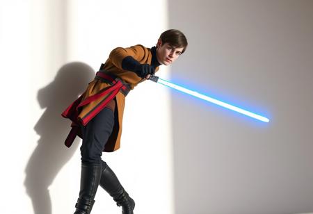 A cinematic photorealistic render of a person in a dynamic action pose, wearing a highly detailed Star Wars-themed costume. The costume features a brown jacket with a red and black sash, black pants, black gloves, and black boots. The textures are incredibly lifelike, showing fine stitching and fabric wear. In their right hand, a blue lightsaber glows intensely, casting captivating lighting on the figure and the environment. They stand against a stark, clean white wall background. Captured with impeccable composition using the Golden Ratio, a creative angle emphasizes the dramatic movement. This is a well-timed moment, rendered in high-res 4K with exceptional quality, lifelike details, super detailed face and eyes, handcrafted with precision. Rendered in the style of Octane Render and Unreal Engine 5, Trending on ArtstationHQ, CGSociety.