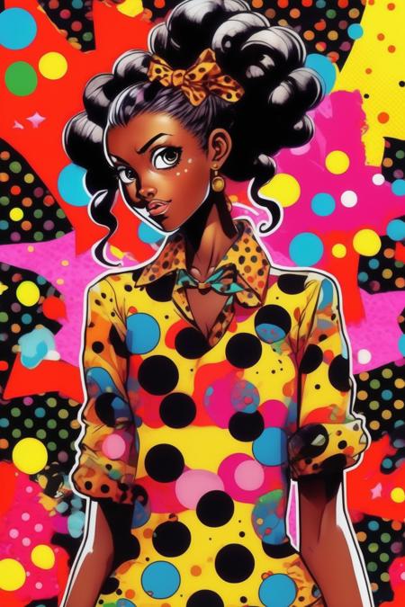 <lora:Yoh Nagao Style:1>Yoh Nagao Style - anime light-dark skinned girl, 1970s style cothes and hair up do, vibrant colors, black polka dot comic book background