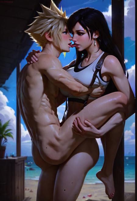 Final Fantasy, Tifa Lockhart carrying Cloud Strife, score_9, score_8_up, highly detailed , girl carries guy, lift and carry, against wall, carrying sex, femdom, 1boy (being carried, blonde spiky hair, Cloud Strife, naked, submissive male), 1girl (fit, toned, passionate, leaning in for kiss, very dominant, athletic, large breasts, black hair, lifting boy, reddish brown eyes), clothed female naked male, formal, beach house, dark theme, low light,