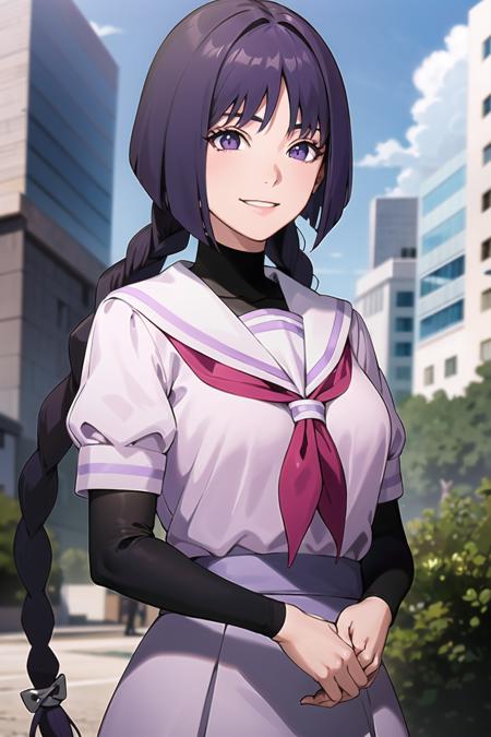 (best quality), (highly detailed), masterpiece, (official art),sumire kakei, smile, school uniform, serafuku, sailor collar, twin braids, neckerchief, purple skirt, black shirt, black sleeves, medium breasts, looking at viewer, city, night, sky, (upper body), (intricately detailed, hyperdetailed), blurry background,depth of field, best quality, masterpiece, intricate details, tonemapping, sharp focus, hyper detailed, trending on Artstation,1 girl, high res, official art