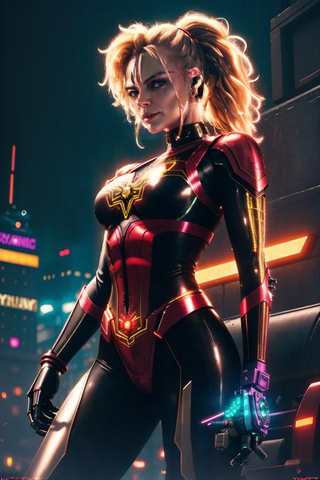 <lora:quiron_KatjaKean_v3_lora:0.97> <lora:quiron_Jaspion_v1_Lora:0.57>, (realistic), cyberpunk style,  cinematic photo, KatjaKeanQuiron woman, blonde hair, katja kean as cyberpunk JaspionQuiron character wearing (spiderwoman) rusty armor with (metallic details) with rusty and damage (cybernetic arm and leg), cyberpunk scene, (dynamic posture),  perfect hands, Her face showcases a multitude of cybernetic implants, each adding to her cyberpunk allure, (ai artwork by Quiron:0.1), neon light, night,  insane level of details, trending on artstation, cinematic light, side lighting, best shadow,  8k uhd, dslr, soft lighting, high quality, film grain, Fujifilm XT3,
