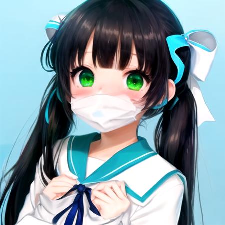 ssbg, 1girl, solo, long hair, blush, bangs, black hair, long sleeves, ribbon, holding, twintails, green eyes, hair ribbon, upper body, signature, sailor collar, nose blush, blue ribbon, white sailor collar, covering mouth, covered mouth, holding hair