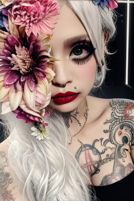 m3t0, long hair, white hair, flower covering the eye, makeup, gray eyes, red lipstick, tattoo, black dress, exposed shoulders