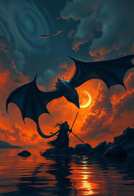 A low angle closeup, captivating, dramatic scene in a painting that exudes mystery and foreboding. A dark orange navy sky, swirling clouds, and a crescent moon illuminate a fearless warrior against the massive flying black dragon near the water's edge, silhouetted against the eerie glow. The water mirrors the navy orange sky and moonlight, amplifying the stunning atmosphere. This vibrant, cinematic work of conceptual art creates a haunting impression., vibrant, conceptual art, painting, dark fantasy, cinematic
