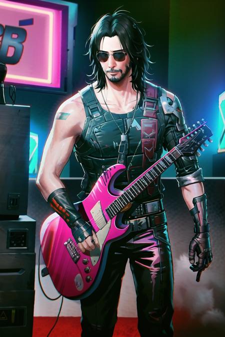 medium shot of johny_silverhand with guitar and microphone, rock concert, aviator glasses, [[keanu reeves]], mechanical parts, dramatic, messy hair, cyberpunk, artstation, 8k, deep focus
<lora:johny_silverhand-000011_v2:0.9>