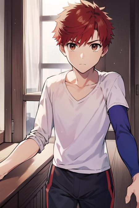 shirouemiya, <lyco:shirouemiya-LYCORIStest:1>, 
shirou emiya, 1boy, (red hair:1.5), spiked hair, (brown eyes:1.5), mature male,
BREAK blue pants, collarbone, pants, shirt, long sleeves, white shirt, raglan sleeves,
BREAK looking at viewer,
BREAK indoors, classroom,
BREAK <lora:GoodHands-vanilla:1>, (masterpiece:1.2), best quality, high resolution, unity 8k wallpaper, (illustration:0.8), (beautiful detailed eyes:1.6), extremely detailed face, perfect lighting, extremely detailed CG, (perfect hands, perfect anatomy),