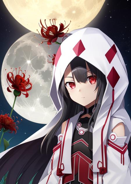 <lora:Koori_Chikage-10:1>,Koori_Chikage, 1girl, solo, long hair, looking at viewer, black hair, red eyes, very long hair, flower, sky, cloud, hood, night, moon, red flower, cloak, full moon, spider lily