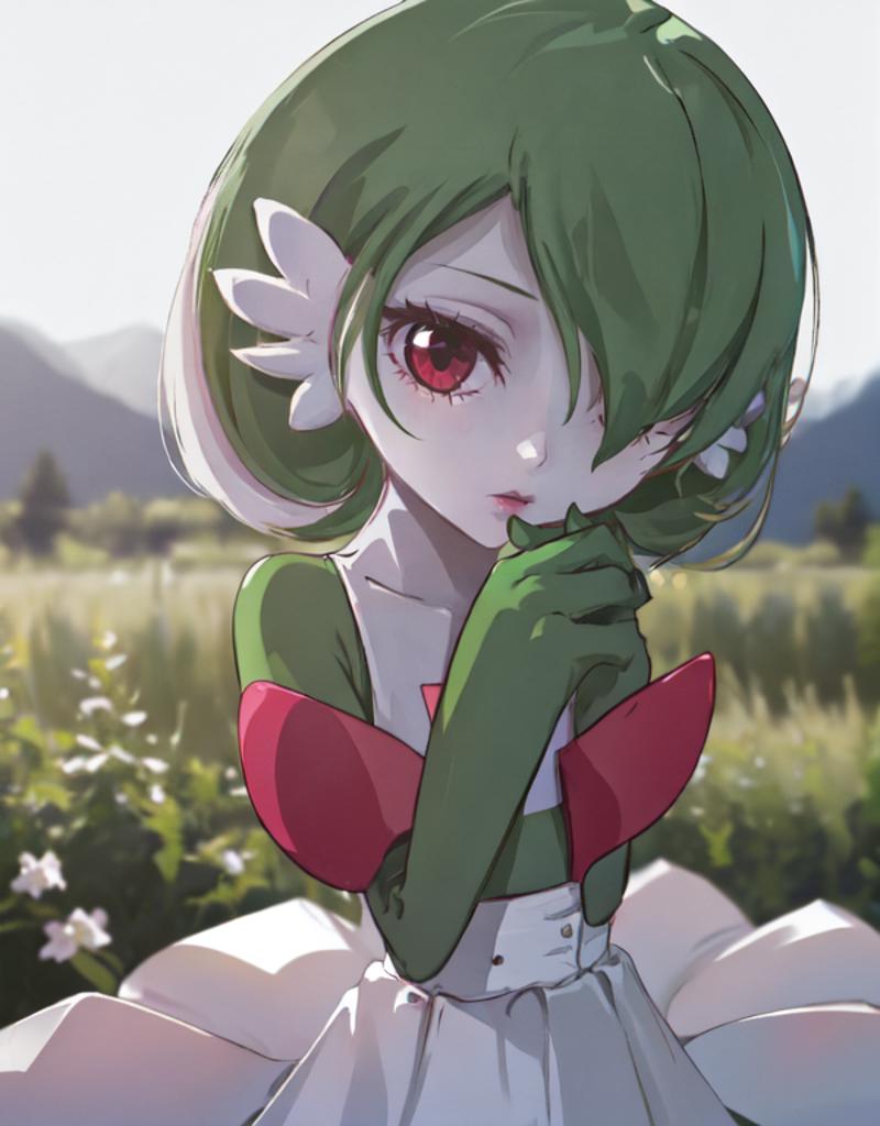 A cartoon or anime image of a young girl with green hair, wearing a white dress and a red bow, sitting in a field.