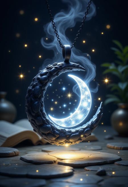 A luminous obsidian amulet, shaped like a crescent moon, its surface constantly changing in hue between deep black and bright silver, as if reflecting different phases of the moon. The amulet is suspended in mid-air, surrounded by a soft, glowing mist. Tiny, swirling motes of light orbit the amulet, giving it a dynamic, cosmic presence. It hovers over a cracked marble table, as if waiting for someone to unlock its secrets.
,pinkhidreamfantasy, aidmamjv7