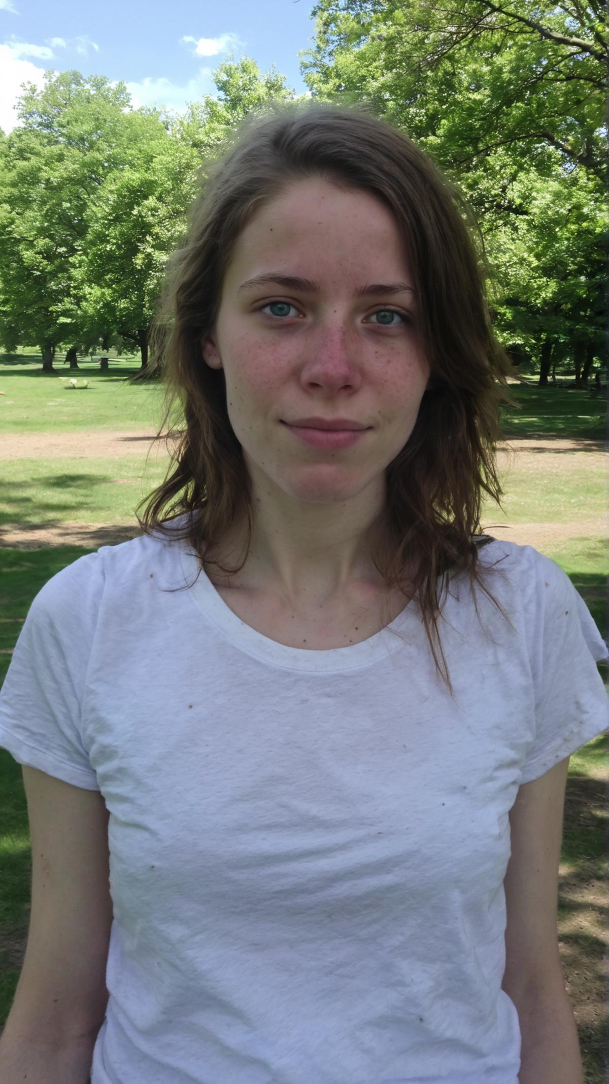 A young woman with freckles and a white shirt, looking at the camera.