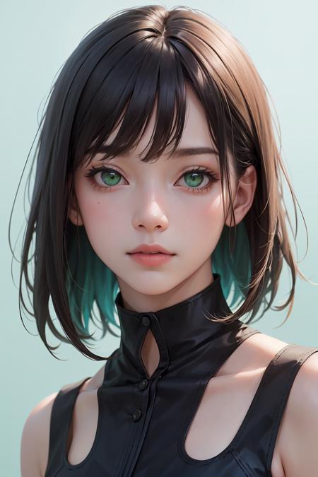 MEDIUM SHOT,<lyco:GoodHands-beta2:0.5>,high quality,masterpiece,(realistic, photo-realistic:1.2),high definition,ultra detailed,raw photo,depth of field,1girl,green eyes,medium hair,bangs,portrait,upper body,shoulder,shirt,simple background,blue background,<lora:GoodHands-vanilla:1>,