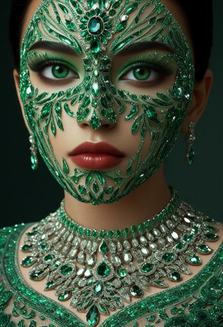 Hyper-realistic close-up digital illustration of a striking woman with emerald skin accented by subtle hints of white green, her sharp, expressionless face confronting the viewer directly. Her short, extremely curly black hair is infused with green accents, forming a halo of vibrant texture around her face. Her perfectly black eyes are mesmerizing and enigmatic, piercing straight through the viewer. The right side of her face is adorned with an intricately designed emerald mask featuring a symmetrical floral pattern, encrusted with sparkling crystals that catch and refract light in dazzling brilliance. She wears an avant-garde green Saree, Indian Saree, paired with a dramatic chain necklace that drapes over her face, made of small, glossy green beads arranged in a grid-like design, partially obscuring her eyes and nose. The crimson red background intensifies the scene, contrasting vividly with the monochrome elements and lime green accents, while soft, focused lighting highlights her face and the reflective intricacy of the crystals and beads. Captured with a 35mm lens at f/1.4, this 8K masterpiece emphasizes bold contrast, stunning detail, and a hauntingly elegant avant-garde aesthetic.sss, emeraldmorph