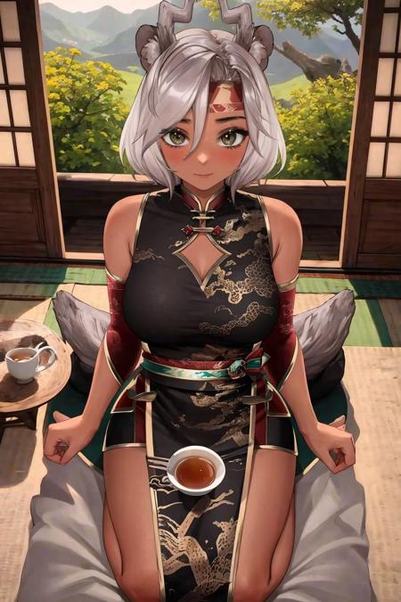 masterpiece, best quality, 1girl, solo, <lora:sansinjin-vtuber-richy-v1-000007:1> sansinjindress, tea house, seiza, from above, siitting