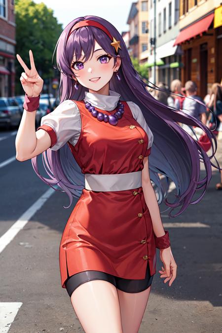 masterpiece, best quality, highres, aa1, purple hair, long hair, hairband, long hair, necklace, bike shorts, earrings, red dress, medium breasts, puffy short sleeves, white sleeves, wristband, <lora:asamiya_athena:0.6>, cowboy shot, smile, street, peace sign,