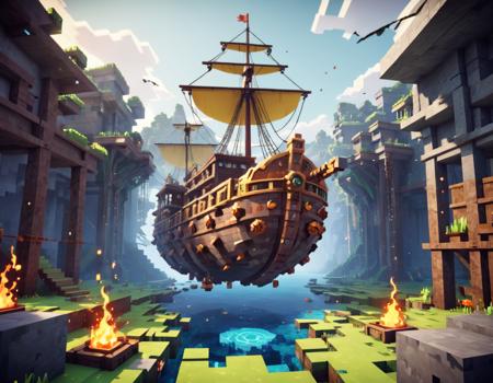 Minecraft style <lora:FFai.0003.4Guofeng4xl_V1125d.loraa:1> a group of three blocks with a picture of a boat in the middle of them, surreal 3 d render, 3 d epic illustrations, 3 d artistic render, inspired by Matthias Jung, environmental key art, erik johansson style, surreal concept art, alexander jansson style, cube portals, beeple masterpiece, 3 d render beeple, surrealistic digital artwork art nouveau \Yozora (Haganai: Boku wa Tomodachi ga Sukunai)\, background art design, digital effects, splatter, water, fire, lights, paint splatter, 3d effects . Blocky, pixelated, vibrant colors, recognizable characters and objects, game assets