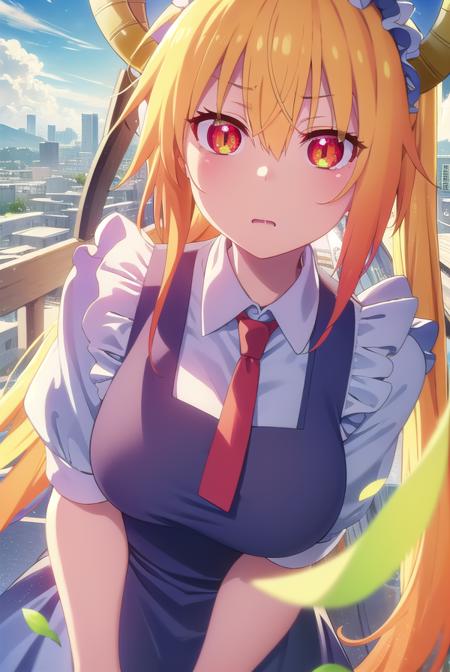 dragontohru, <lora:dragon tohru s2-lora-nochekaiser:1>, 
tohru, tohru \(maidragon\), long hair, bangs, blonde hair, hair between eyes, twintails, very long hair, multicolored hair, horns, fang, gradient hair, dragon horns, (red eyes:1.3), (slit pupils:1.5),
BREAK gloves, dress, tail, short sleeves, necktie, white gloves, maid, maid headdress, dragon girl, dragon tail, scales, large tail,
BREAK outdoors, sun, sky, clouds, city,
BREAK looking at viewer, (cowboy shot:1.5),
BREAK <lyco:GoodHands-beta2:1>, (masterpiece:1.2), best quality, high resolution, unity 8k wallpaper, (illustration:0.8), (beautiful detailed eyes:1.6), extremely detailed face, perfect lighting, extremely detailed CG, (perfect hands, perfect anatomy),