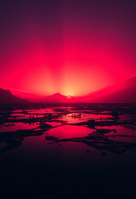 highly detailed and hyper realistic photo, by Alena Aenami , by Archibald Thorburn , by Daniele Afferni , a breathtaking otherworldly landscape with psychedelic colors , in the style of  monochromatic silhouette reflection,  limited dark palette, unusual dark colors, faded colors, atmospheric haze, highly dramatic cinematic lighting, motion blur, film grain,  professional, excellent composition, finest details, maximized details, ultimate detail level, masterpiece, best quality