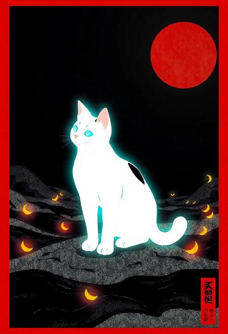 JNANX,luminous white silhouette,cyan glow,emerald highlights,flickering outline,dreamlike movement,rippling colors,drifting embers,infinite black background,psychedelic colors,ethereal,futuristic surrealism,gw,glowing,night,night sky,trippy,
"A stylized illustration of a white and black cat standing on a textured black and white ground, with a large red circle in the upper right corner and small yellow crescent shapes scattered among the black elements. The overall style is reminiscent of traditional Japanese or Korean art, with bold outlines and flat colors. The image has a red border