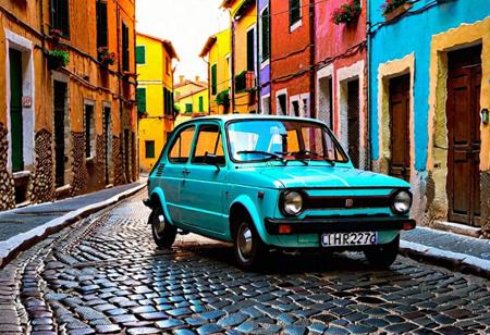 ASCIINighttime scene, dusty roads, italian-style fiat 127 car advancing through a cul-de-sac italian quarter, wooden single-storey self-made houses frame the street, chiaroscuro effect, digital painting, silhouetted figures, moody atmosphere, warm and cool color contrast, masterpiece by van gogh, 4k textures, ultra detailed