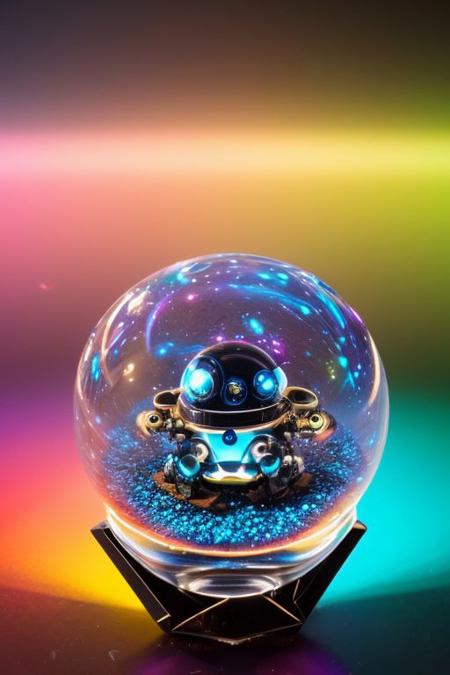 A single miniature nano bot enclosed in a sphere made of glass Rainbow color, explosion in background,