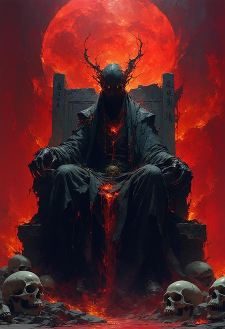 Low angle, Sukuna Ryomen looms atop a jagged throne of polished ivory skulls, hollow eyes exhaling swirling ash. His four sinewy arms, etched serpentine kuji-in seals in jade-green phosphorescence, claw at the air, casting elongated shadows. A palette of crimson-ochre and void-black, cracked obsidian skin, illuminated by chiaroscuro lighting, fanged grin. Tendrils of cursed energy writhe from his torso. Shadows coalesce into glyphs where his gaze falls.