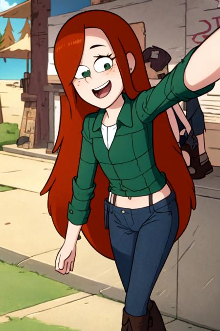 Wendy_Courduroy, 1girl, red hair, long hair, flat chest,  smile, open mouth, hat, green shirt, long slevees, jeans, boots