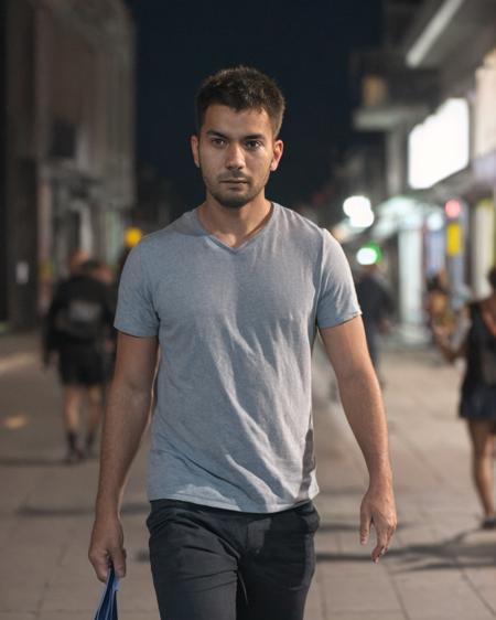 A well lit candid closeup street photograph of a normal-looking man walking down the street