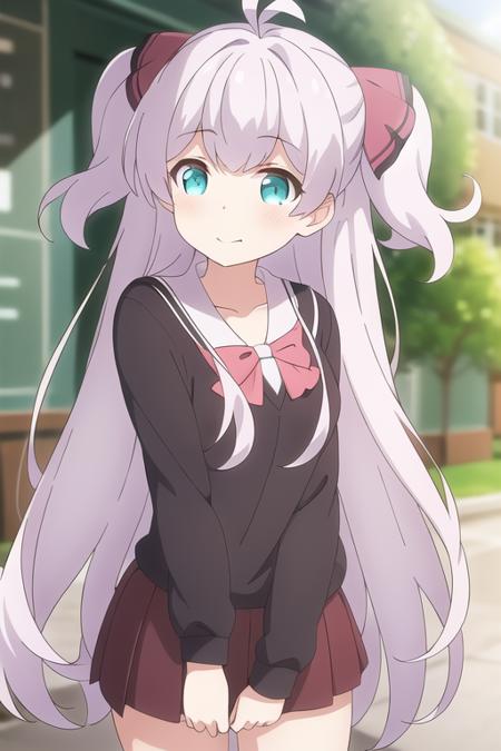 masterpiece, best quality,1girl,solo,mairu,light purple hair,very long hair,two side up,antenna hair,aqua eyes,hair ornament,school uniform,<lora:mairu:0.8>,school,outside,sunlight, 