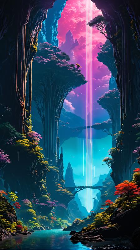 <(score_9,score_8_up,score_7_up,score_6_up,score_5_up,score_4_up):1.0>,
<(Amidst the shimmering darkness, strange cosmic structures loom, pulsating with vibrant energy. Neon hues crisscross in the sky, defying gravity as they intertwine in intricate networks. Ethereal liquid crystals cascade like waterfalls, forming mesmerising currents in the fluid expanse of the cosmos. Mythical creatures, both organic and mechanical in nature, engaged in celestial ballets. Tachisme elements emerge from the depths, splattering iridescent paints across the inky stage, leaving trails of audacious brushstrokes behind. Through the glistening veil, behold the convergence of science-fiction and fantastical elements in these intriguing mythical nightscapes):1.0>,
<(detailed matte painting, deep color, fantastical, intricate detail, splash screen, complementary colors, fantasy concept art, 8k resolution trending on Artstation Unreal Engine 5):0.9>
<lora:WildcardX-XL-Detail-Enhancer:0.8>