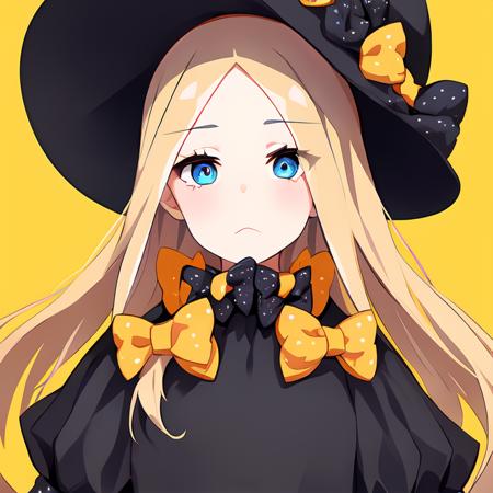 masterpiece, high quality,
1girl, bow, solo, blonde hair, black bow, abigail williams (fate), long hair, orange bow, blue eyes, hair bow, looking at viewer, polka dot, hat, polka dot bow, parted bangs, black headwear, yellow background, bangs, simple background, black dress, portrait, dress, closed mouth, forehead, multiple hair bows, multicolored eyes,
 <lora:LAM(4):0.6>