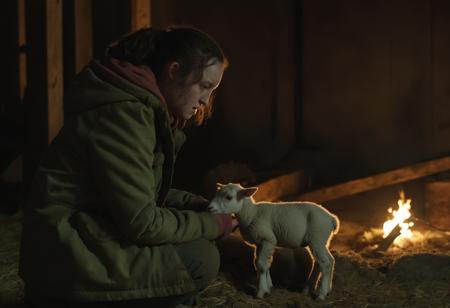 a  ((ohwx woman)) nursing a lamb in a barn, dimly lit, night, two red eyes stare at her from the shadows, uhd, 8 k, digital art, award winning, <lora:bella_ramsey_sdxl:1>