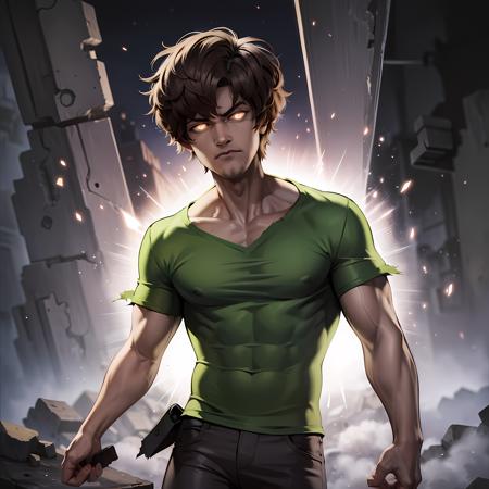 ((masterpiece, best quality)),(complex light), 1boy, solo, shaggy rogers, male ,muscular , torn shirt, glowing eyes ,debris background ,<lora:shaggy1-10:0.6>, simple background,