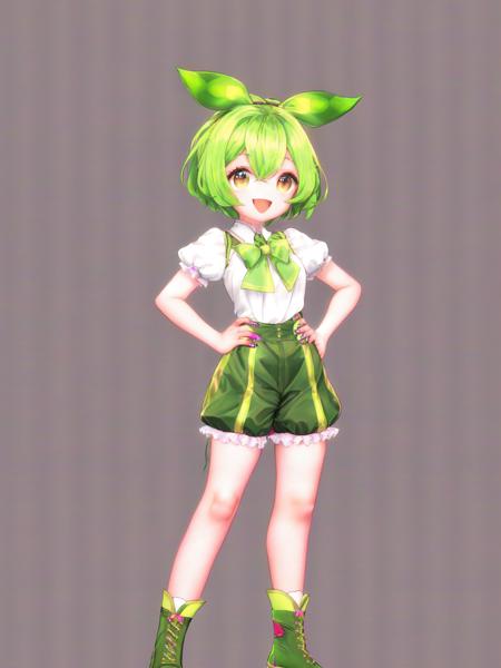 (znd),1 girl,1girl, :d, bow, brown_eyes, eyebrows_visible_through_hair, full_body, green_bow, green_footwear, green_hair, green_nails, hair_between_eyes, hand_on_hip, hands_on_hips, looking_at_viewer, nail_polish, open_mouth, personification, puffy_short_sleeves, puffy_sleeves, shirt, short_hair, short_sleeves, shorts, smile, solo, standing, white_background, white_shirt

(waifu, anime, exceptional, best aesthetic, new, newest, best quality, masterpiece, extremely detailed:1.2)