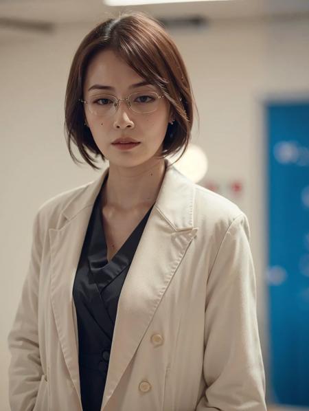 Best quality, ultra high res, (photorealistic:1.4), a girl, <lora:Gaoqilanv2:0.7>, doctor, white coat, (narrow waist:1.2), rimless eyewears, in the hospital, bokeh, cinematic lighting