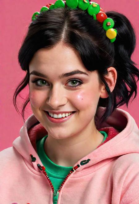 realistic photography Vanellope von Schweetz of Wreck it Ralph, fair skin, rosy cheeks, a pink nose, hazel eyes, green hoodie, messy black hair sticking out in all directions, one red ponytail, hair is decorated with a variety of small candies, sneering smile, Instagram shot, ultra realistic, 32K resolution, stylized digital artwork, vivid colors, intricate detailing, dramatic lighting, Realistic, Hyperrealistic, Hyperdetailed, masterpiece, best quality, ultra realistic, 8k, golden ratio, Intricate, High Detail, detailed skin, pores, matte skin, soft lighting, subsurface scattering, realistic, heavy shadow, studio photography