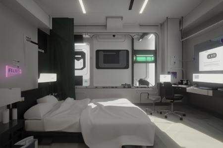 a room with a large window and a bed in it with a zucchini sheet on the floor and a hollywood-cerise line on the wall, Filip Hodas, cgstudio, computer graphics, space art , cyber_room  , cyberpunk ambient, a room