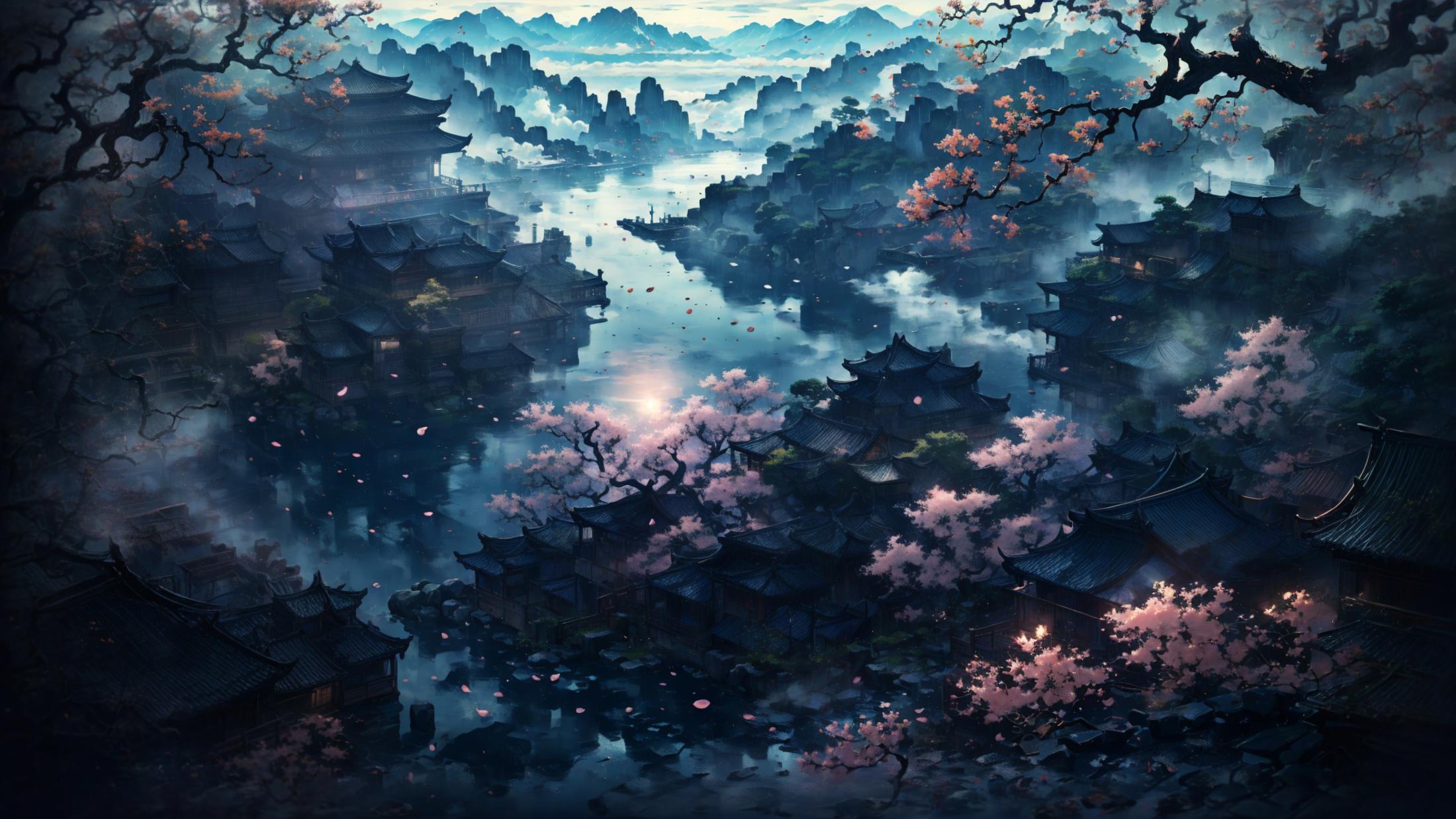 A beautiful painting of a city surrounded by water and mountains with flowering trees.