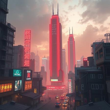 make cyberpunk future setting with skyscraper chine text of a town