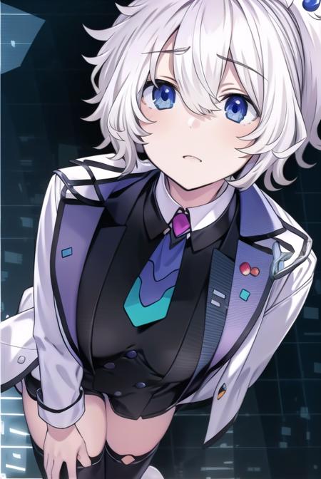 reedio, bangs, blue eyes, hair ornament, hair between eyes, ponytail, white hair, short hair, shirt, thighhighs, gloves, long sleeves, jacket, open clothes, necktie, shoes, shorts, collared shirt, white gloves, black footwear, vest, white thighhighs, open jacket, black shirt, short shorts, white jacket, white shorts,