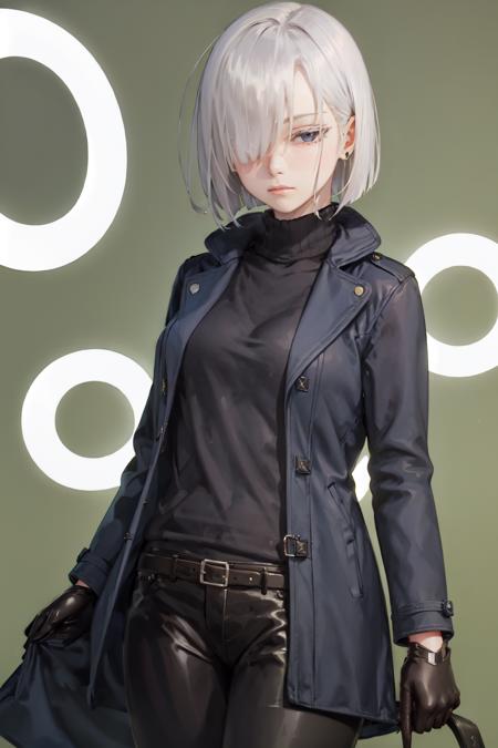 (masterpiece, best quality:1.2), <lora:sxf_frost-20:0.7>, cowboy shot, solo, 1girl, fiona frost, expressionless, closed mouth, looking at viewer, white hair, purple eyes, blue duffel coat, black turtleneck, black pants, black gloves, green background