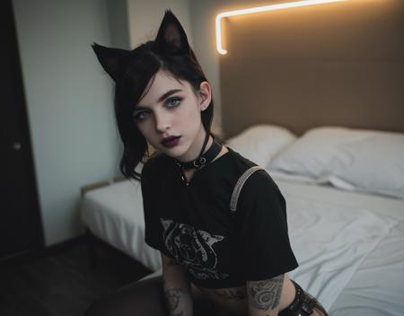 (analog photo:1.1), (a punk catgirl:1.15), (cat ears:1.1), (white short wavy hair:1.2), (20 years old, young:1.2), petite, (pubic hair:1.1), choker, black eyeliner, european, cozy bedroom, (neon glow, cyberpunk:1.2), waves, warm colors, (inviting expression:1.05), RAW Photograph, dslr, soft lighting, high quality, film grain, Fujifilm XT3, (nsfw:1.1), insane details, masterpiece, 8k, 35mm photograph, dslr, kodachrome, vignette, vintage, Kodachrome, Lomography, stained, highly detailed, found footage,
green eyes, black lipstick, 
black t-shirt, bottomless,