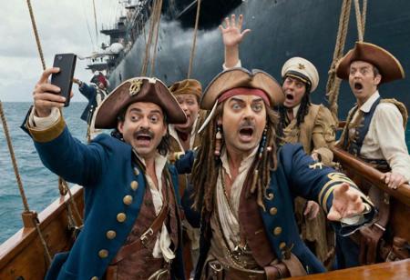 2 men taking a selfie , Johnny Depp dressed as Captain Jack Sparrow & 
Rowan Atkinson dressed as Mr Bean on the board of a sinking ship, in the background you can see the sailors yelling and screaming , realistic, complementary colors . octane render, highly detailed, volumetric, dramatic lighting