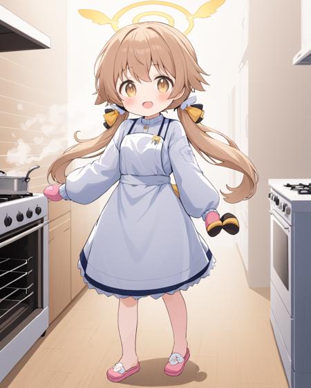 hifumi \(blue archive\),1girl, halo, solo, blush, slippers, open_mouth, food, holding, low_twintails, white_sweater, apron, looking_at_viewer, oven_mitts, pink_footwear, steam, bow, long_sleeves, simple_background, standing, :d, dress
<lora:hifumi_(blue_archive)_image943_2023-11-18_spv-000025:1>,halo,. gorgeous,key visual, vibrant, studio anime,award-winning, professional, highly detailed,high budget, cinemascope