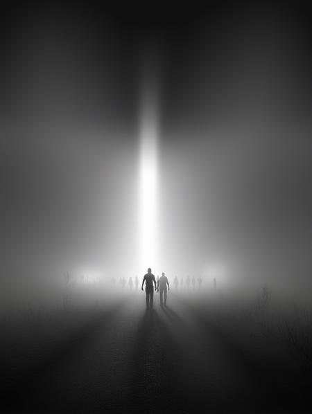 Horror-themed , (closeup), viewer looks into the light, some people walk towards a bright white light with many small scattered rays of light on the horizon, people walk towards the light source, they walk into the light, wide open area, foggy, haze, light from the front center . Eerie, unsettling, dark, spooky, suspenseful, grim, highly detailed, darkness, midnight, Extremely high-resolution details, fine texture