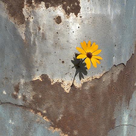 cinematic photo beutiful flower growing from broken metal scifi device, simple cracked background, pbr texture, grit, stains, rust <lora:Grit-SDXL:1.5> <lora:asphalt-SDXL-m:1> . 35mm photograph, film, bokeh, professional, 4k, highly detailed