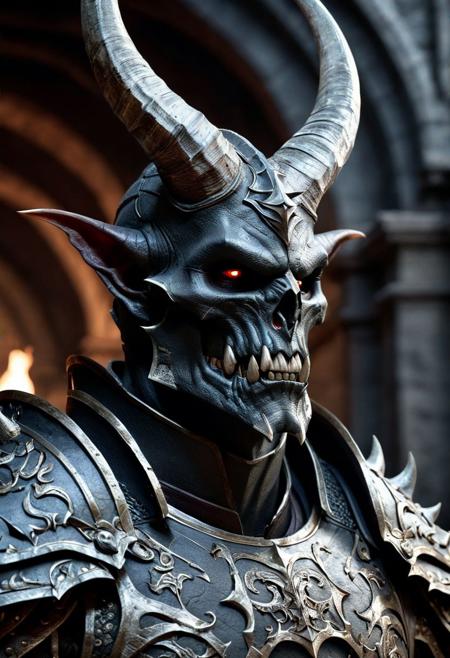 (RAW photo), best quality, realistic, photorealistic, masterpiece, extremely detailed, an extremely delicate and beautiful, dynamic, realistic anatomy, professional lighting, depth of field,  demon, armor on shoulder, highly detailed, dangerous, horns,  pointy teeth, crypt background