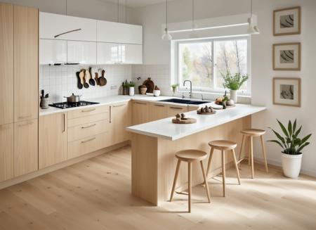 scandinavian_kitchen, scandinavian style, (wooden floor), trees decoration<lora:scandinavian_interior-000006:0.6>