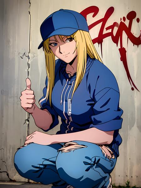 (exceptional, best aesthetic, new, newest, best quality, masterpiece, extremely detailed), 1girl, solo, kanzakiurumi, smile, squatting, looking_at_viewer, thumbs_up, baseball_cap, jacket, jeans, graffiti, torn_clothes