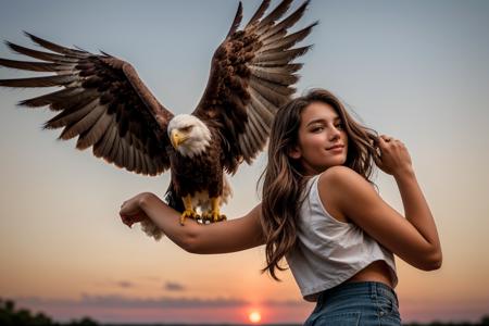 from below,from side and behind,photo of a 18 year old girl,standing,a eagle standing on her arm,happy,looking at viewer,ray tracing,detail shadow,shot on Fujifilm X-T4,85mm f1.2,depth of field,bokeh,motion blur,<lora:add_detail:1>,